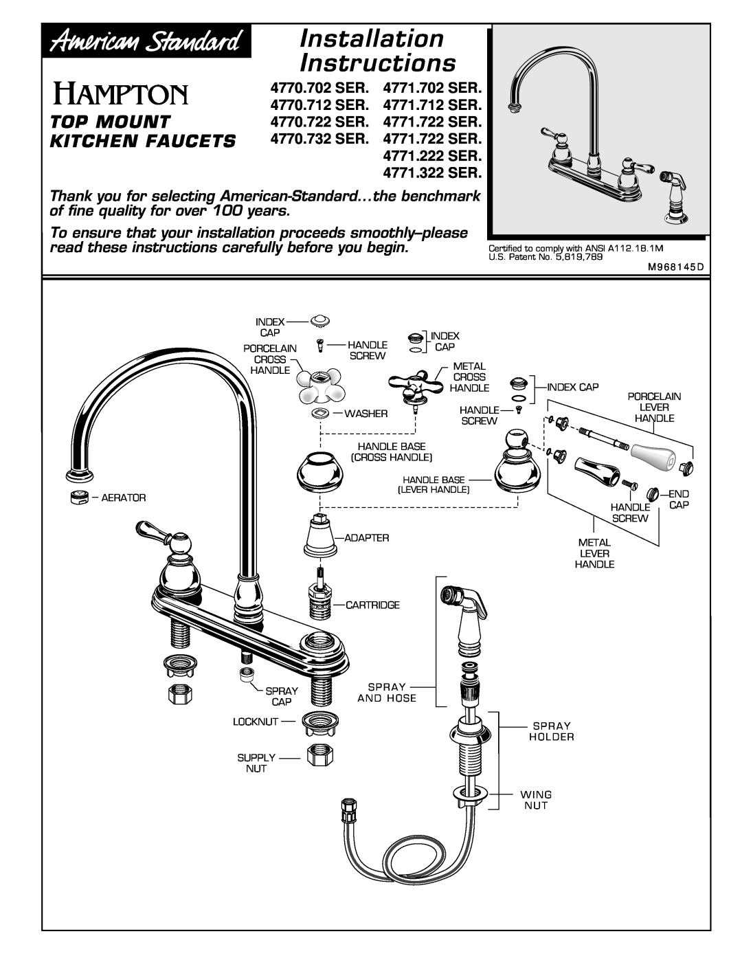 American Standard 4770.732 SER installation instructions Installation, Instructions, Top Mount, Kitchen Faucets 