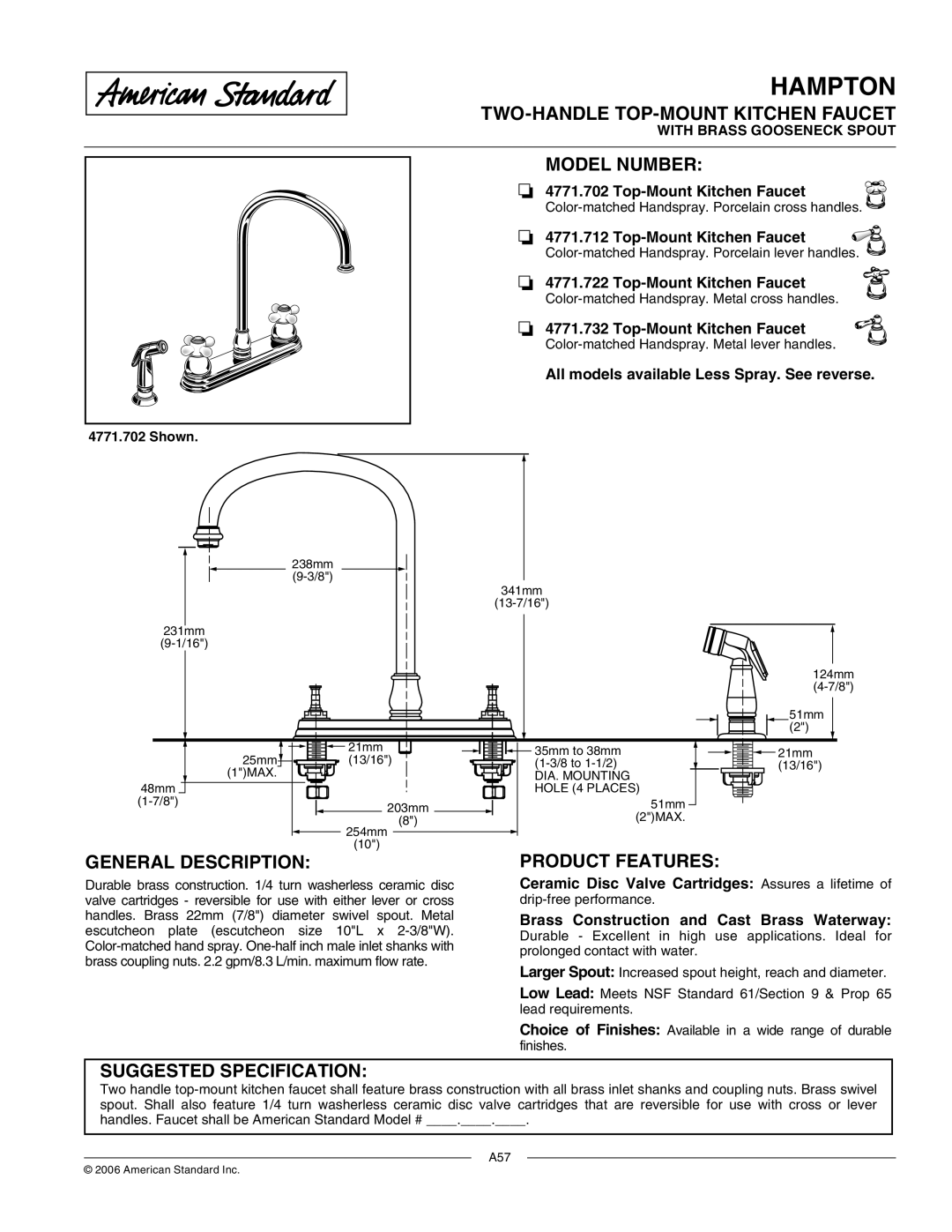 American Standard 4771.702 manual TWO-HANDLE TOP-MOUNT Kitchen Faucet, Model Number, General Description, Product Features 