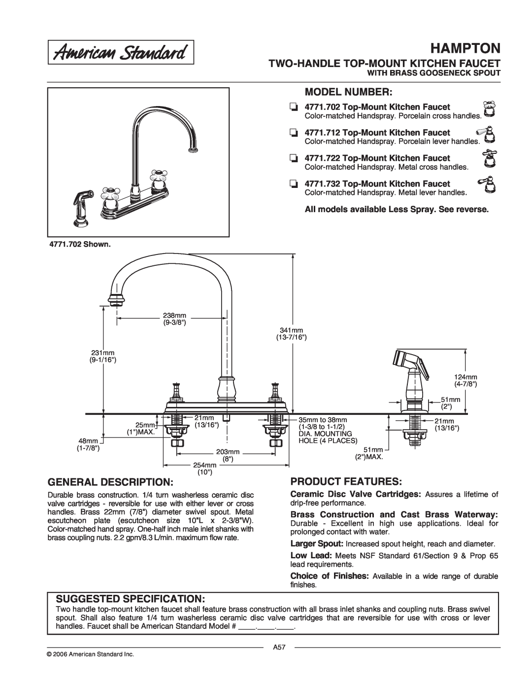 American Standard 4771.702 manual Hampton, Top-MountKitchen Faucet, All models available Less Spray. See reverse, Shown 