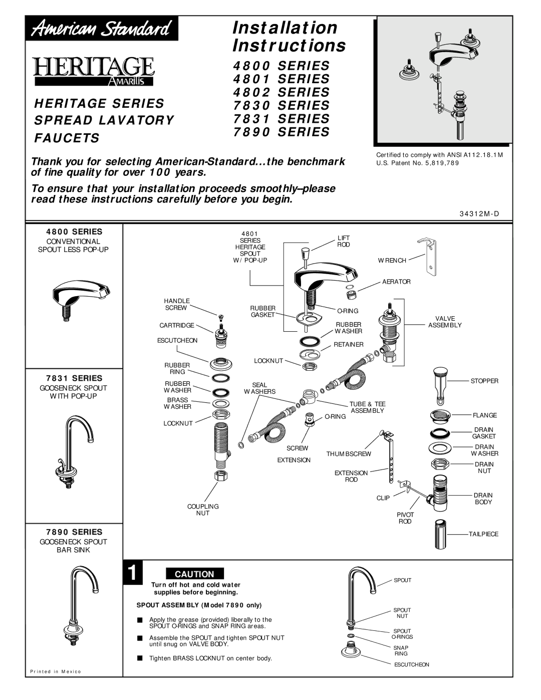 American Standard 4800 SERIES, 4802 SERIES installation instructions Series, Conventional Spout Less POP-UP, BAR Sink 