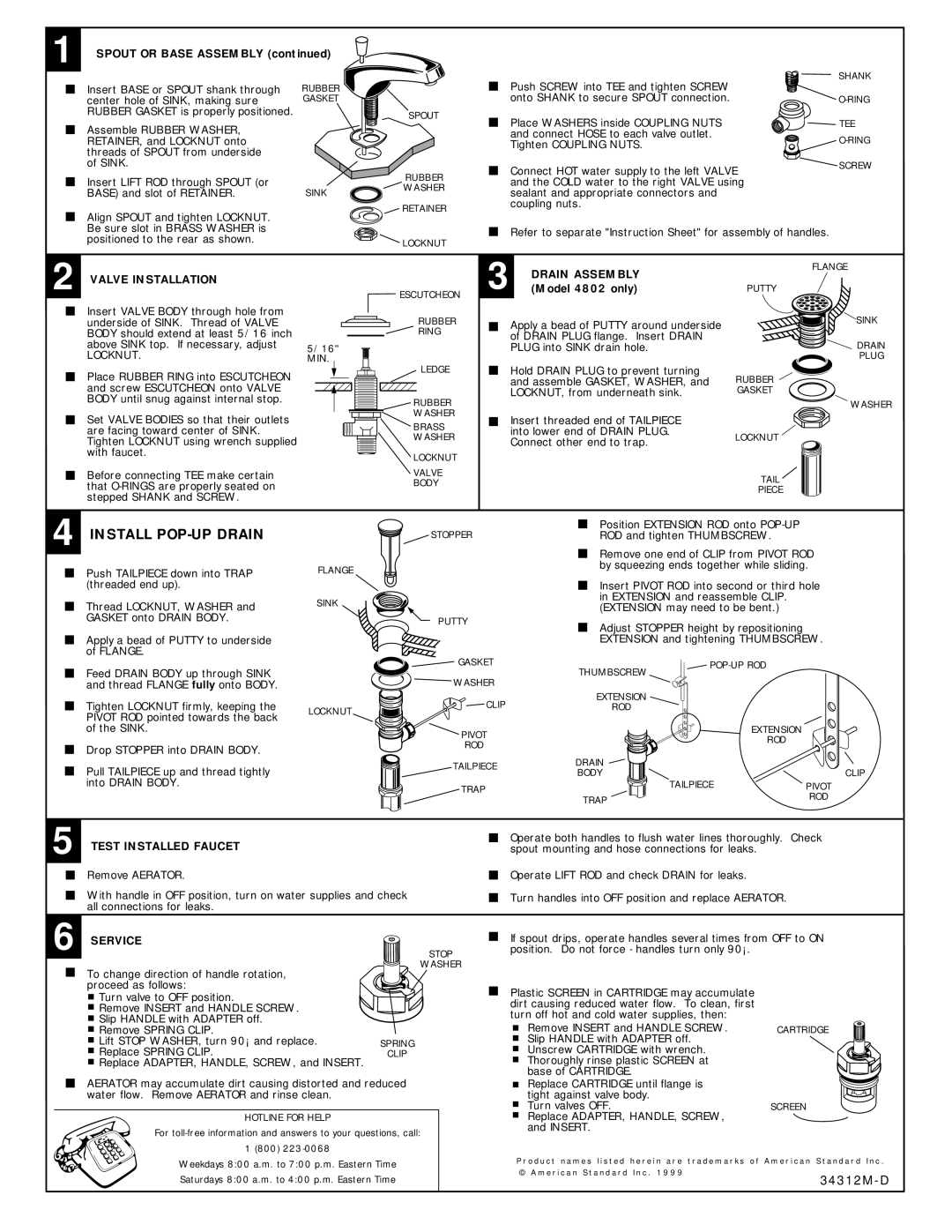 American Standard 4801 SERIES Install POP-UP Drain, Valve Installation, Drain Assembly, Test Installed Faucet, Service 