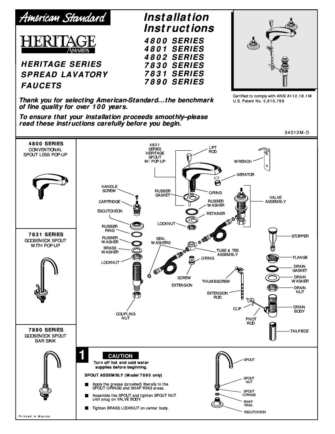 American Standard 4800 SERIES installation instructions Installation Instructions, Heritage Series, Spread Lavatory 