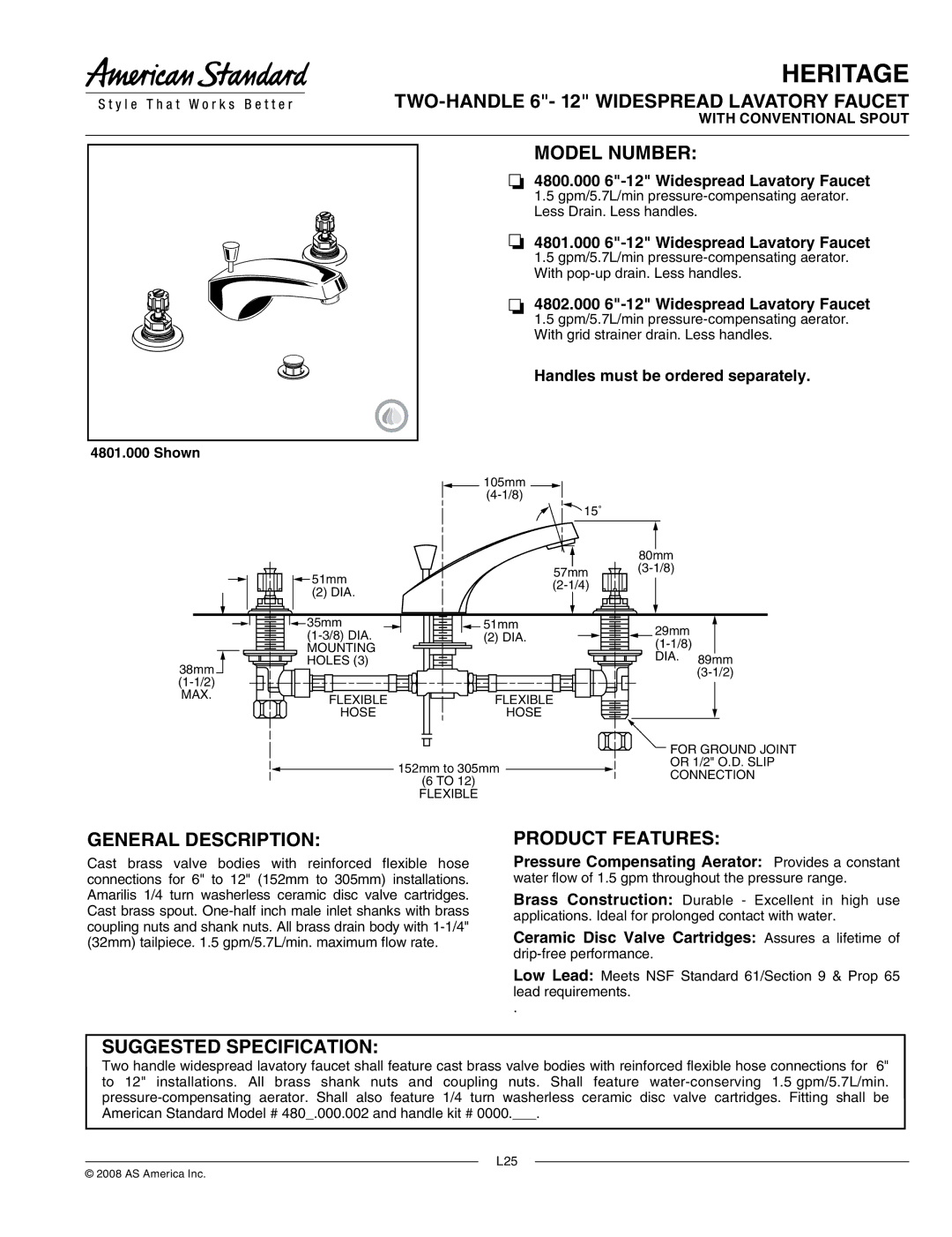 American Standard 4800.000 manual TWO-HANDLE 6- 12 Widespread Lavatory Faucet, Model Number, Suggested Specification 