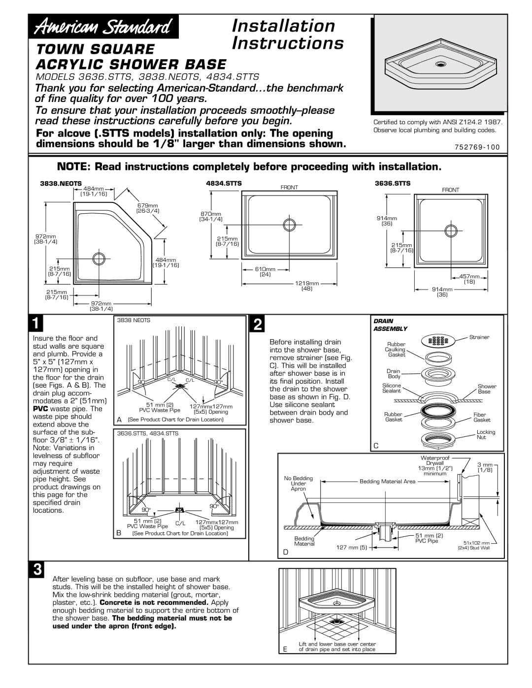 American Standard 3838.NEOTS installation instructions Installation, Instructions, Town Square, Acrylic Shower Base 