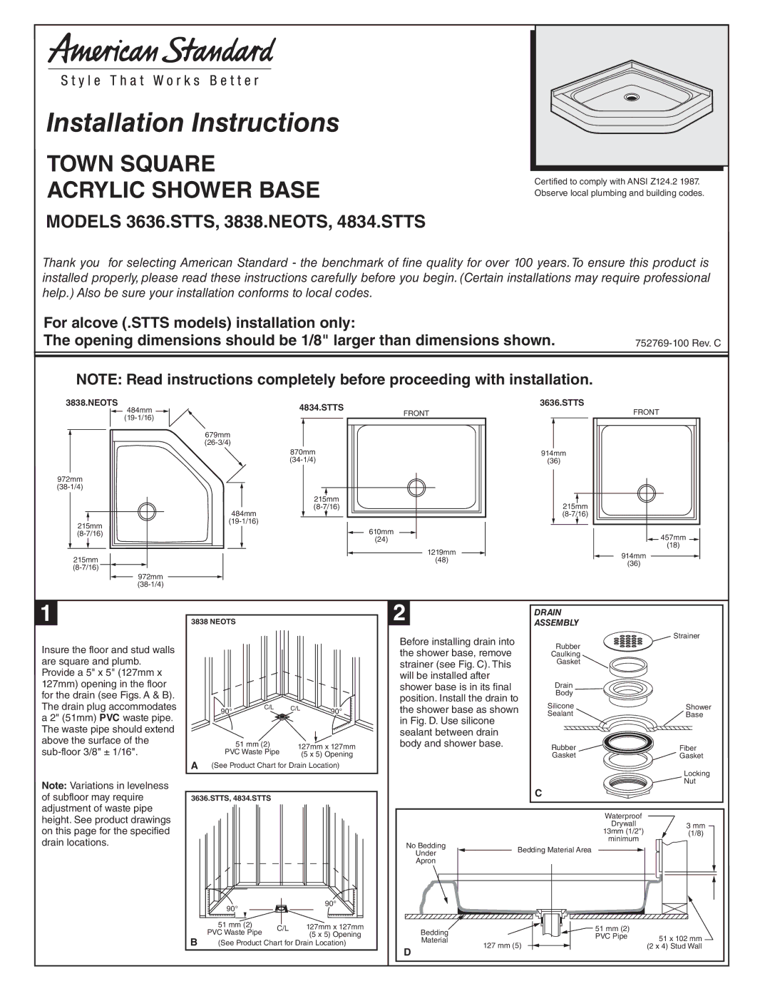 American Standard 3838.NEOTS installation instructions Installation Instructions, Town Square Acrylic Shower Base 