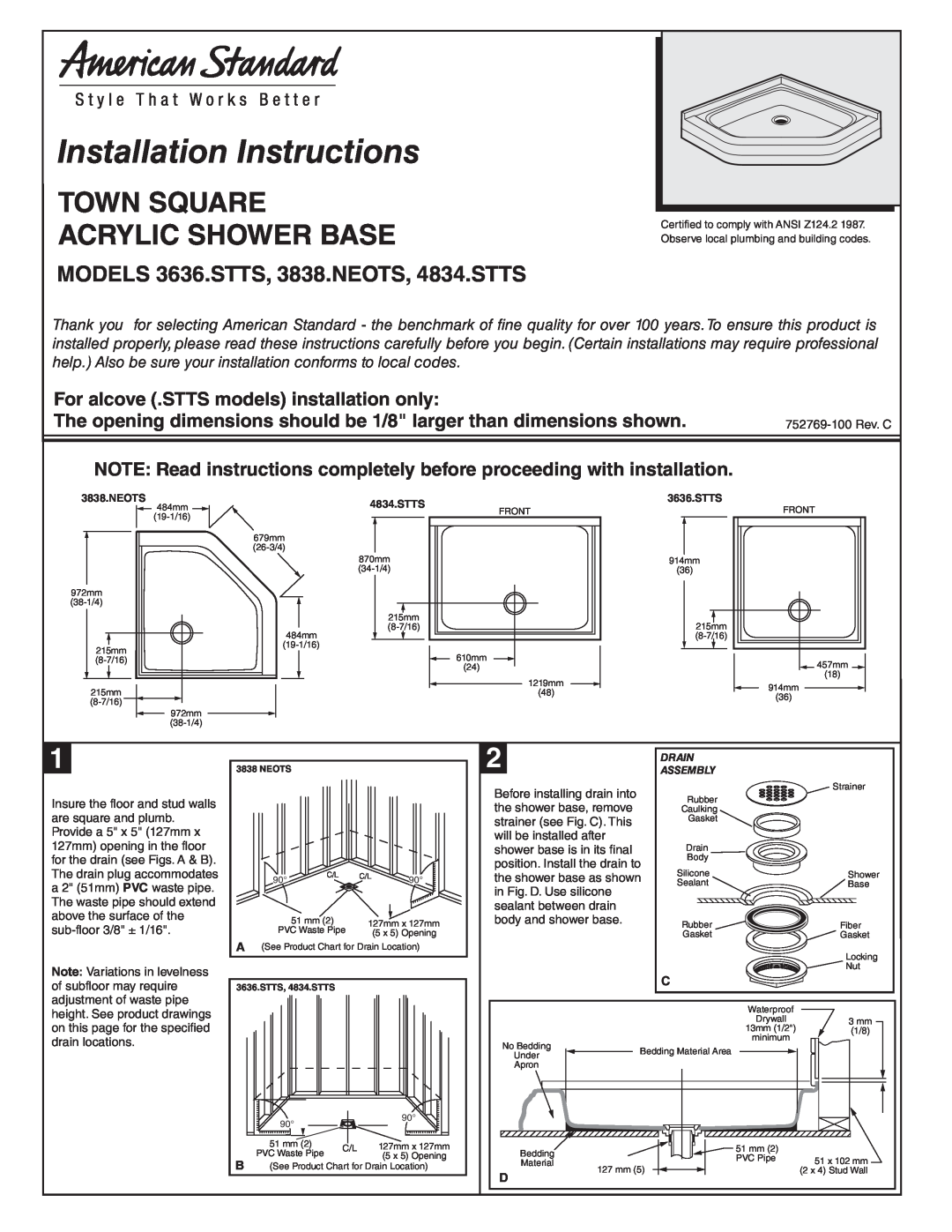 American Standard 3838.NEOTS installation instructions Installation, Instructions, Town Square, Acrylic Shower Base 