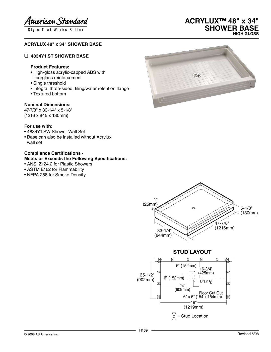 American Standard 4834Y1.ST dimensions Shower Base, Stud Layout 