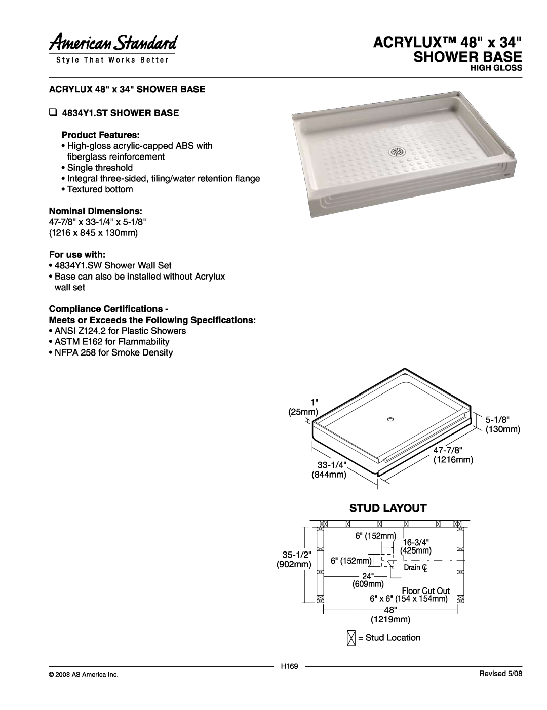 American Standard 4834Y1.ST dimensions ACRYLUX 48 x SHOWER BASE, Stud Layout, For use with, Compliance Certifications 