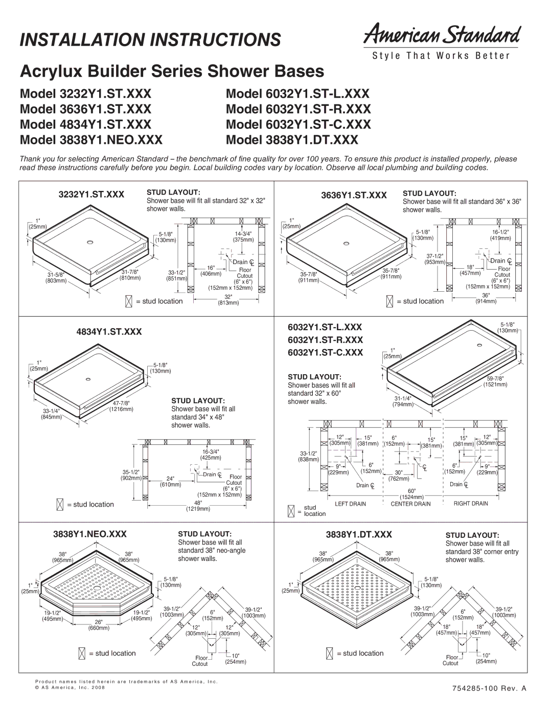 American Standard 3838Y1.DT.XXX installation instructions 3232Y1.ST.XXX, 3636Y1.ST.XXX, 4834Y1.ST.XXX 6032Y1.ST-L.XXX 