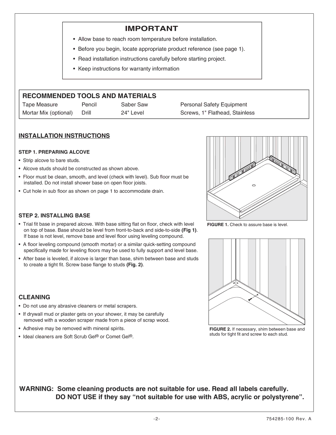 American Standard 3232Y1.ST.XXX, 4834Y1.ST.XXX, 3838Y1.DT.XXX Installation Instructions, Cleaning, Preparing Alcove 