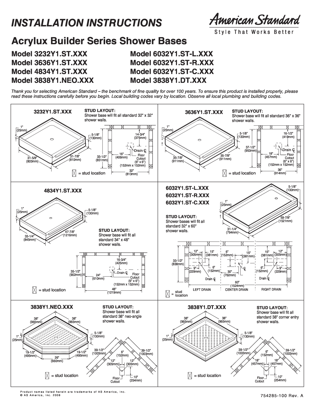 American Standard 3838Y1.DT.XXX installation instructions Installation Instructions, Acrylux Builder Series Shower Bases 