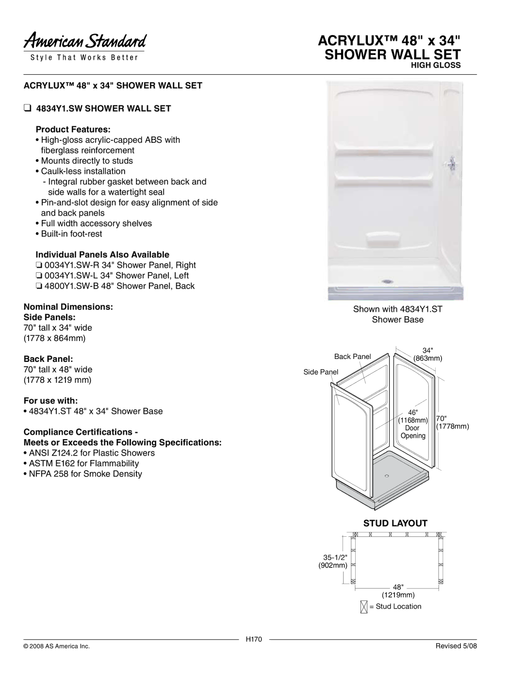 American Standard 4834Y1.SW dimensions Shower Wall SET, Individual Panels Also Available, Nominal Dimensions Side Panels 