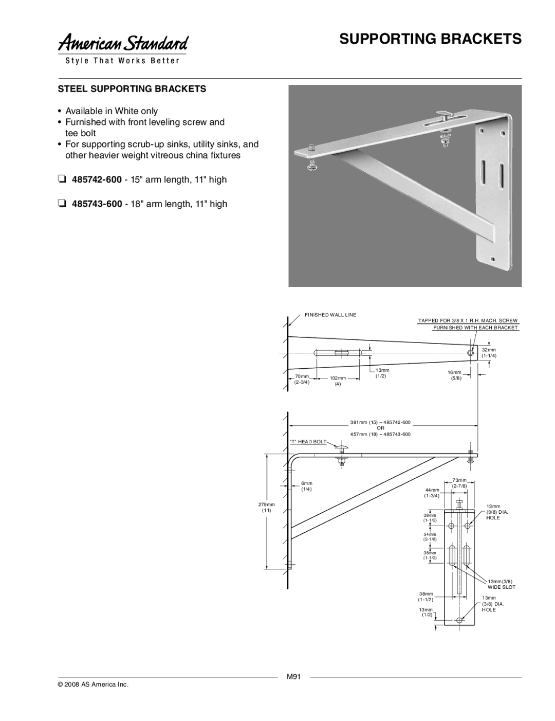 American Standard 485743-600, 485742-600 manual Steel Supporting Brackets 