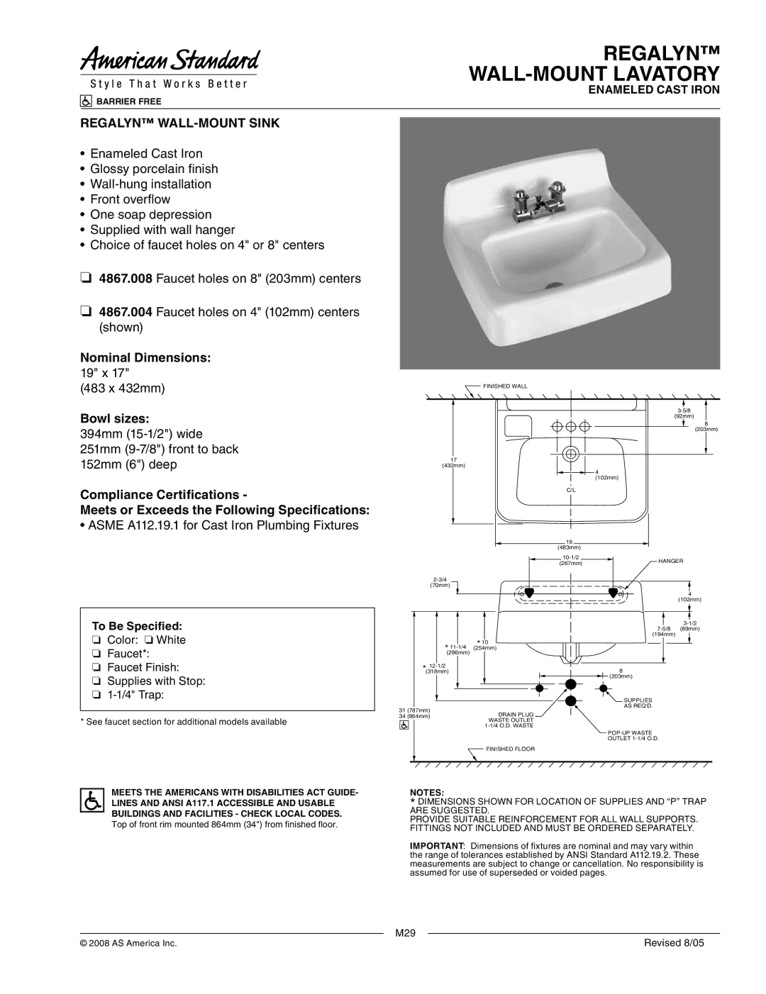 American Standard 4867.004, 4867.008 dimensions Regalyn WALL-MOUNT Lavatory, Regalyn WALL-MOUNT Sink, 19 x 483 x 432mm 