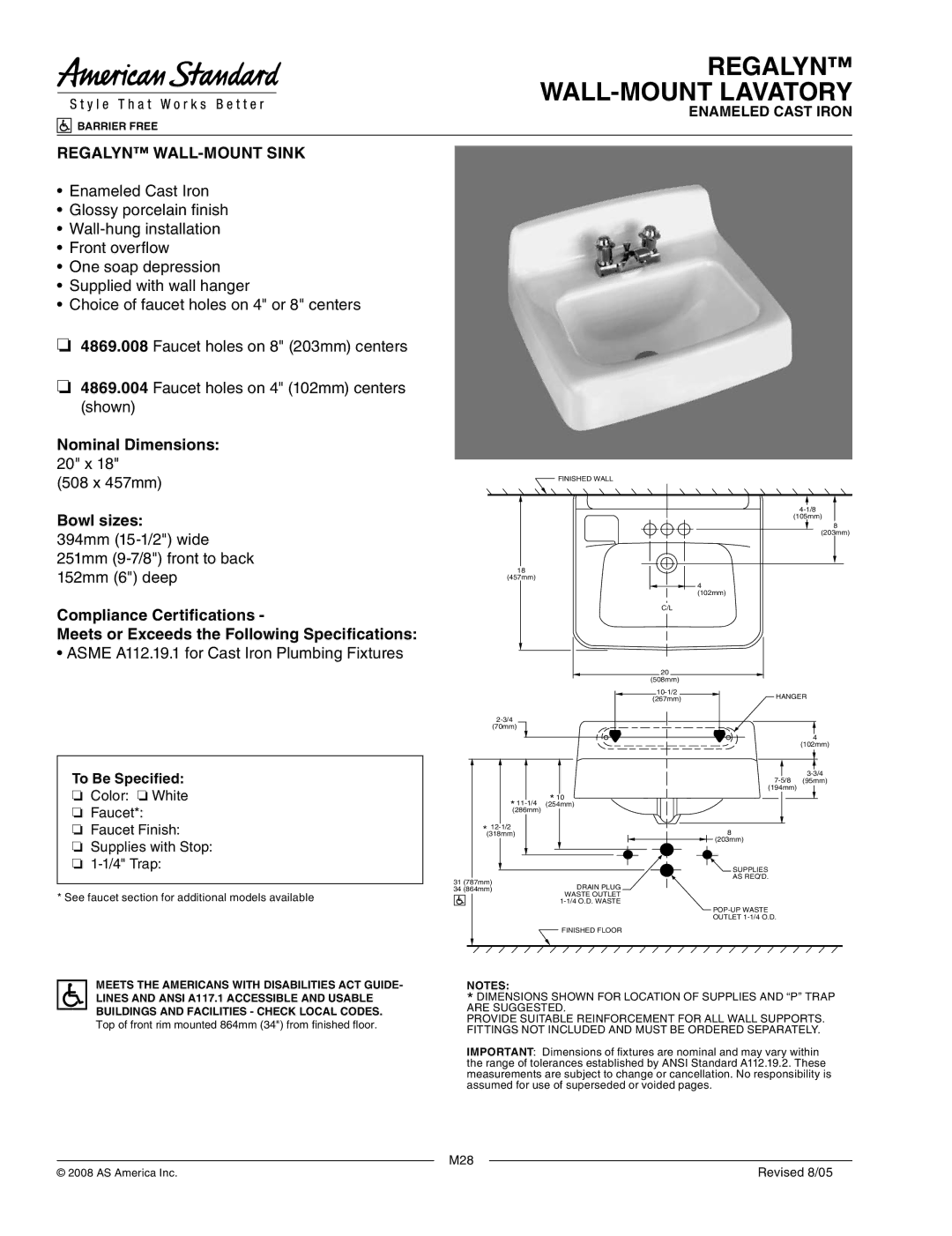 American Standard 4869.004, 4869.008 dimensions Regalyn WALL-MOUNT Lavatory, Regalyn WALL-MOUNT Sink, 20 x 508 x 457mm 