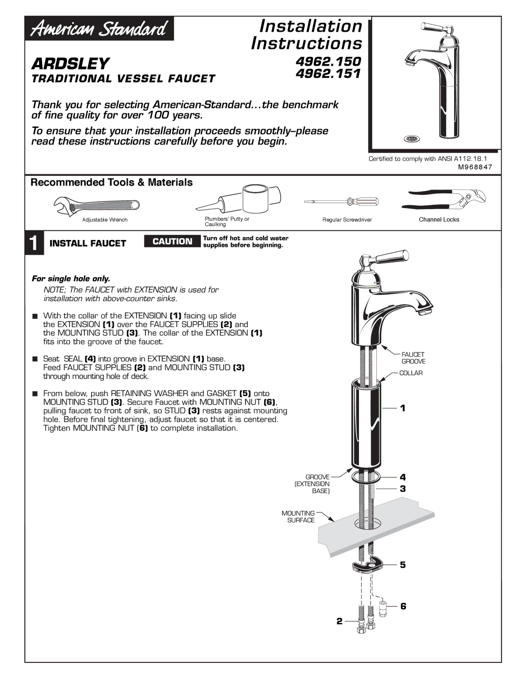 American Standard 4962.151, 4962.150 installation instructions Instructions, Install Faucet 