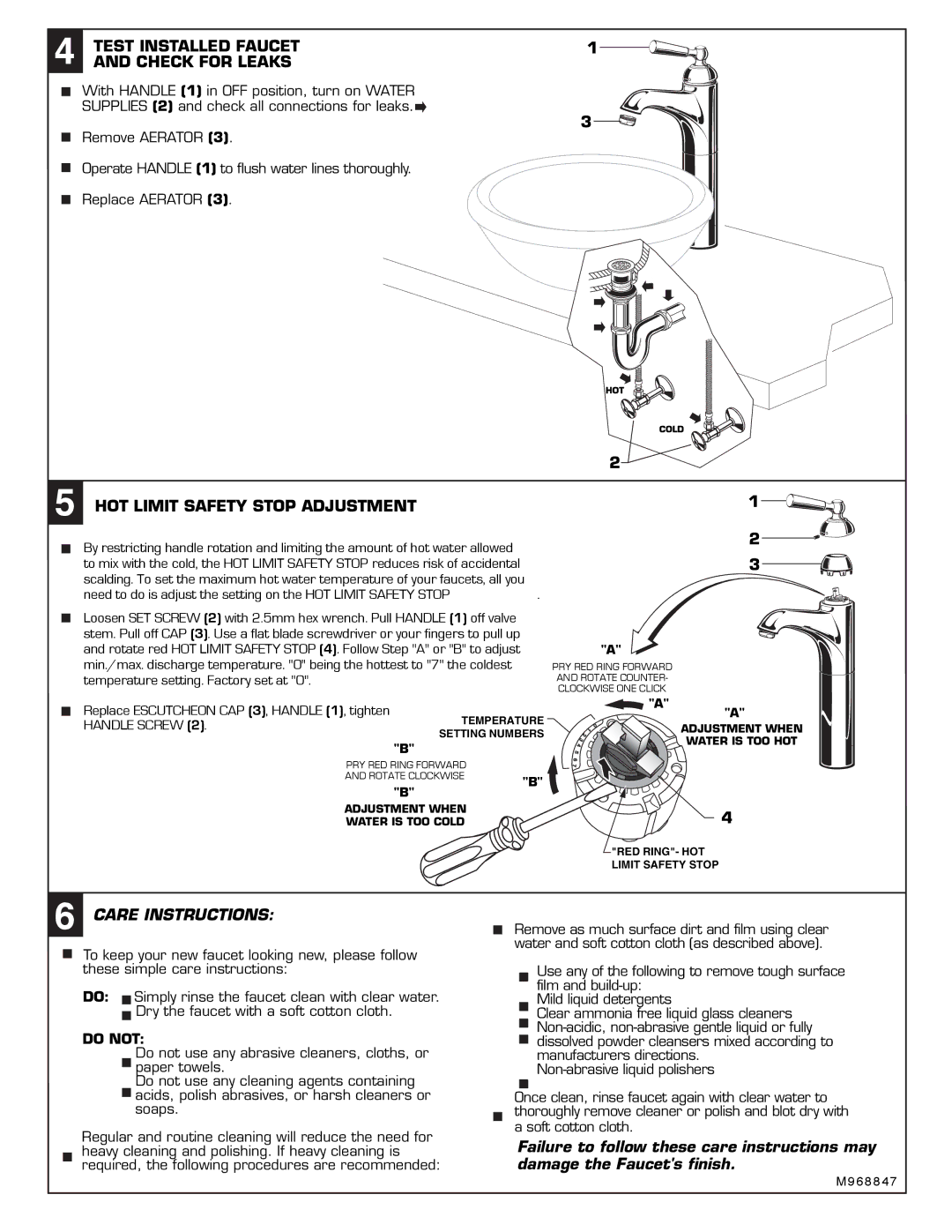 American Standard 4962.151, 4962.150 Test Installed Faucet Check for Leaks, HOT Limit Safety Stop Adjustment 