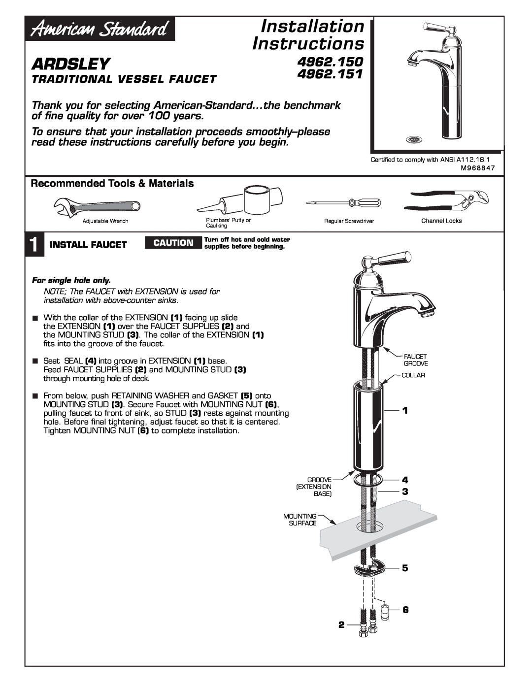 American Standard 4962.151 installation instructions Installation, Instructions, Ardsley, 4962.150 