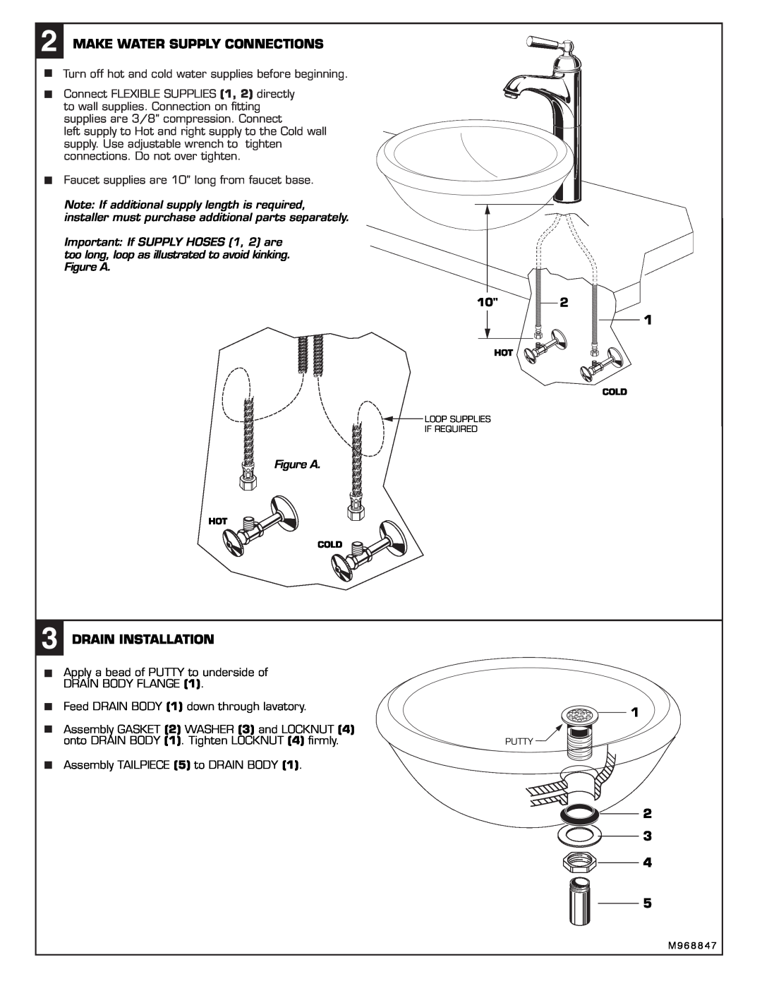 American Standard 4962.150, 4962.151 installation instructions Make Water Supply Connections, Drain Installation 