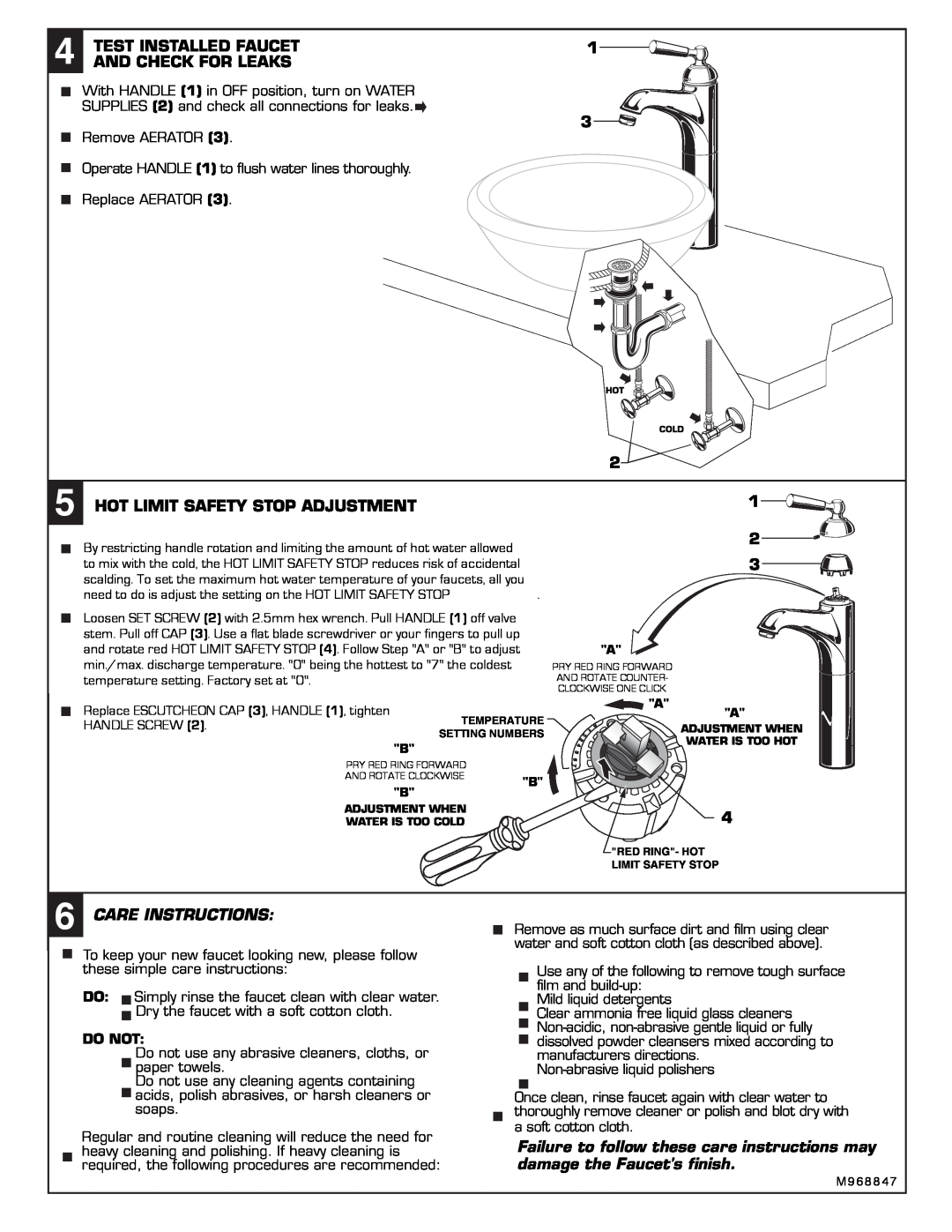 American Standard 4962.151 Test Installed Faucet, And Check For Leaks, Hot Limit Safety Stop Adjustment, Care Instructions 