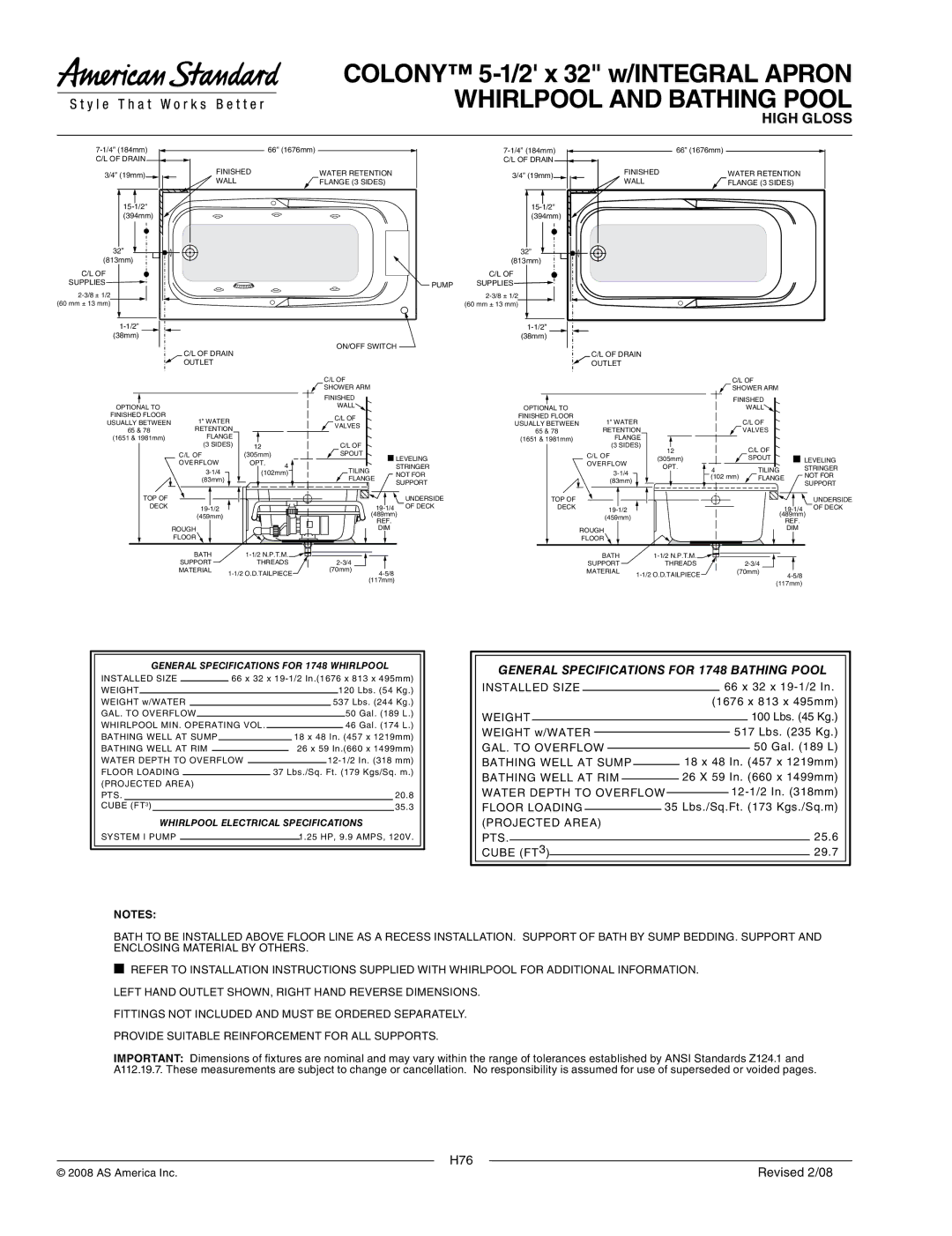 American Standard 5-1/2' x 32 dimensions Whirlpool and Bathing Pool, General Specifications for 1748 Bathing Pool 