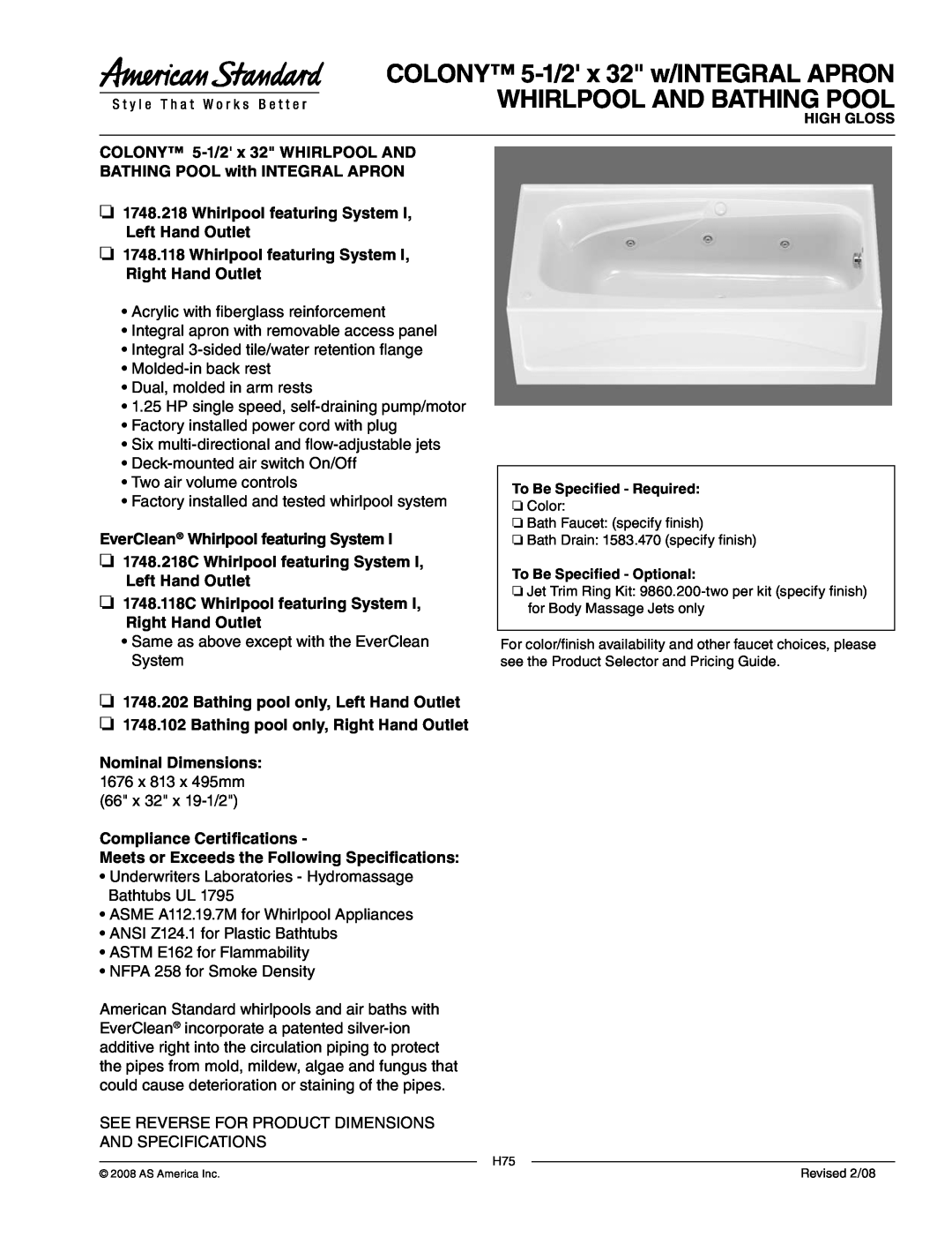American Standard 5-1/2' x 32 dimensions EverClean Whirlpool featuring System 