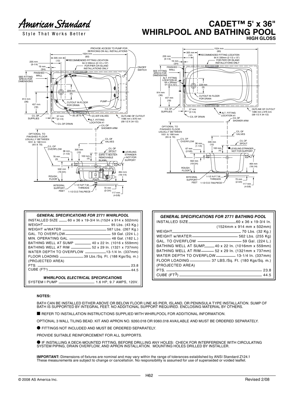 American Standard 5' x 36 dimensions General Specifications for 2771 Whirlpool, Whirlpool Electrical Specifications 