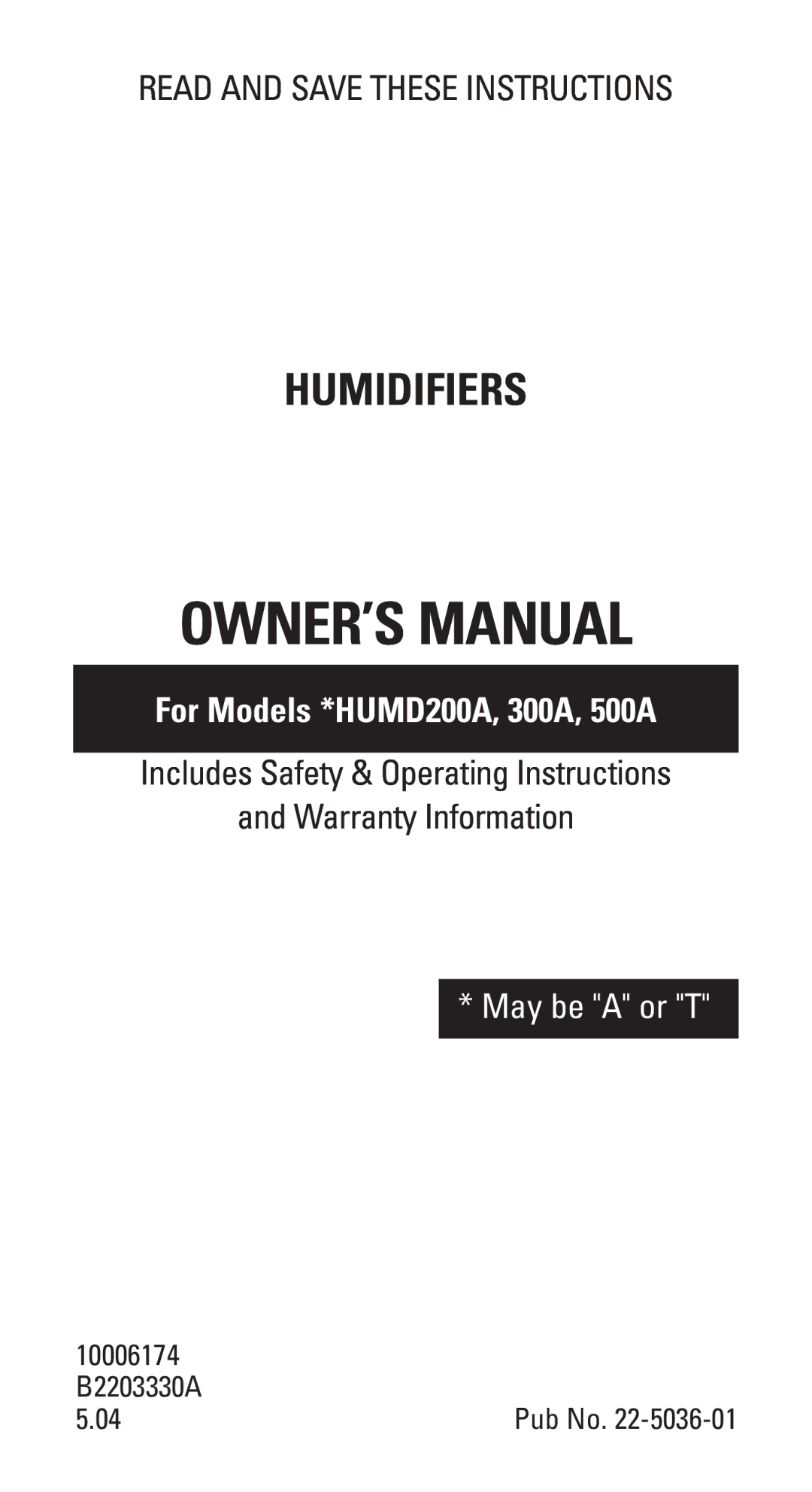 American Standard 300A, 500A, 200A owner manual Humidifiers 