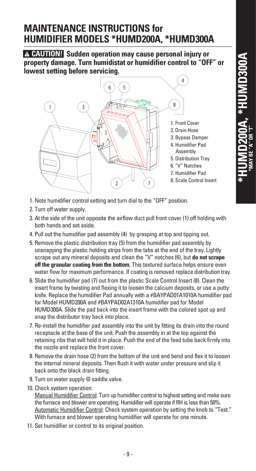 American Standard 200A, 500A, 300A owner manual Set humidifier or control to its original position 