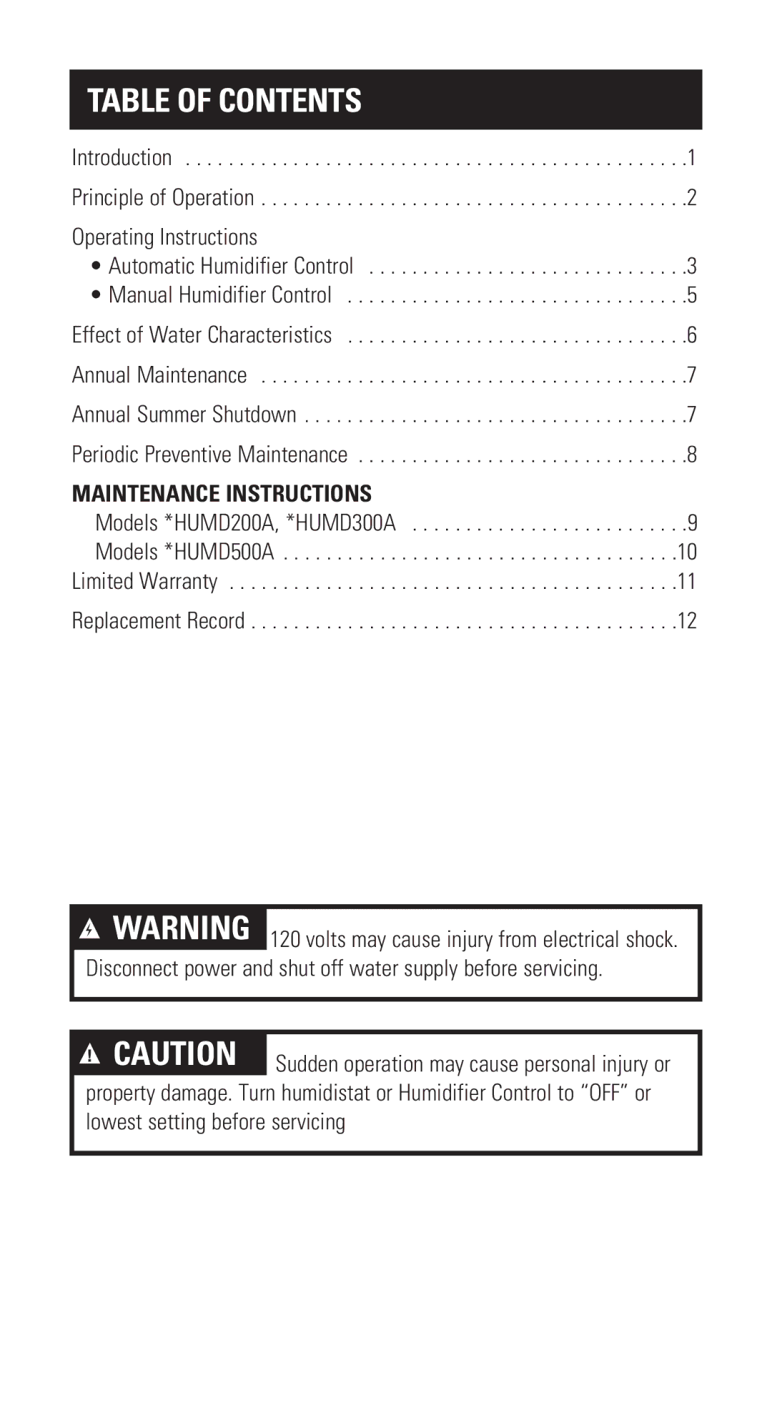 American Standard 200A, 500A, 300A owner manual Table of Contents 