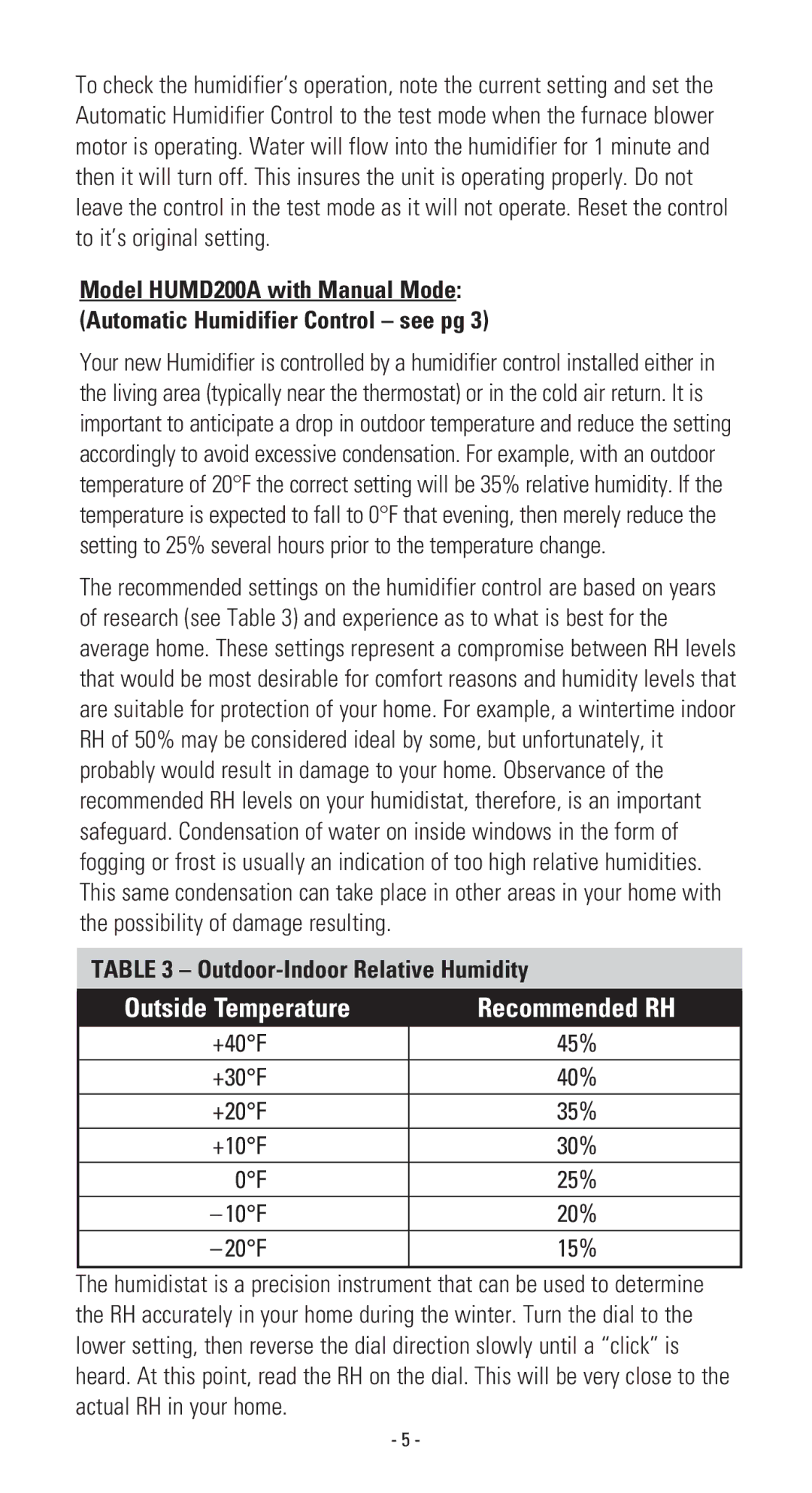 American Standard 300A, 500A, 200A owner manual Outside Temperature Recommended RH, Outdoor-Indoor Relative Humidity 