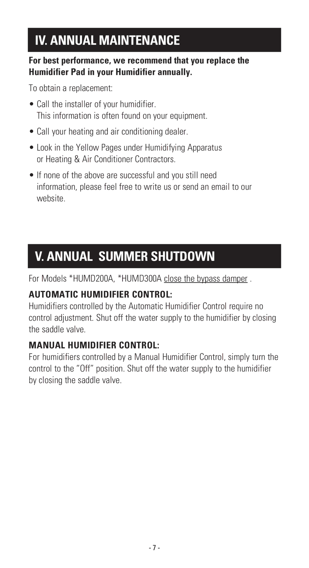 American Standard 500A, 300A, 200A owner manual IV. Annual Maintenance, Annual Summer Shutdown 