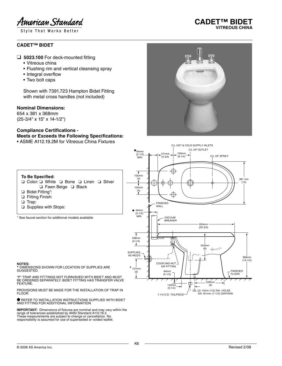 American Standard 5023.100 dimensions Cadet Bidet, 654 x 381 x 368mm 25-3/4 x 15 x 14-1/2, To Be Specified 