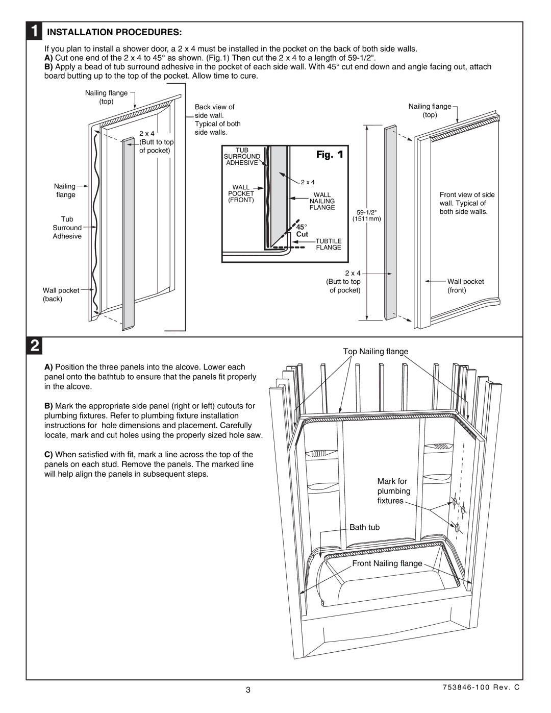 American Standard Rope Twist Bath Walls, 5030.LBW installation instructions Installation Procedures, Cut 