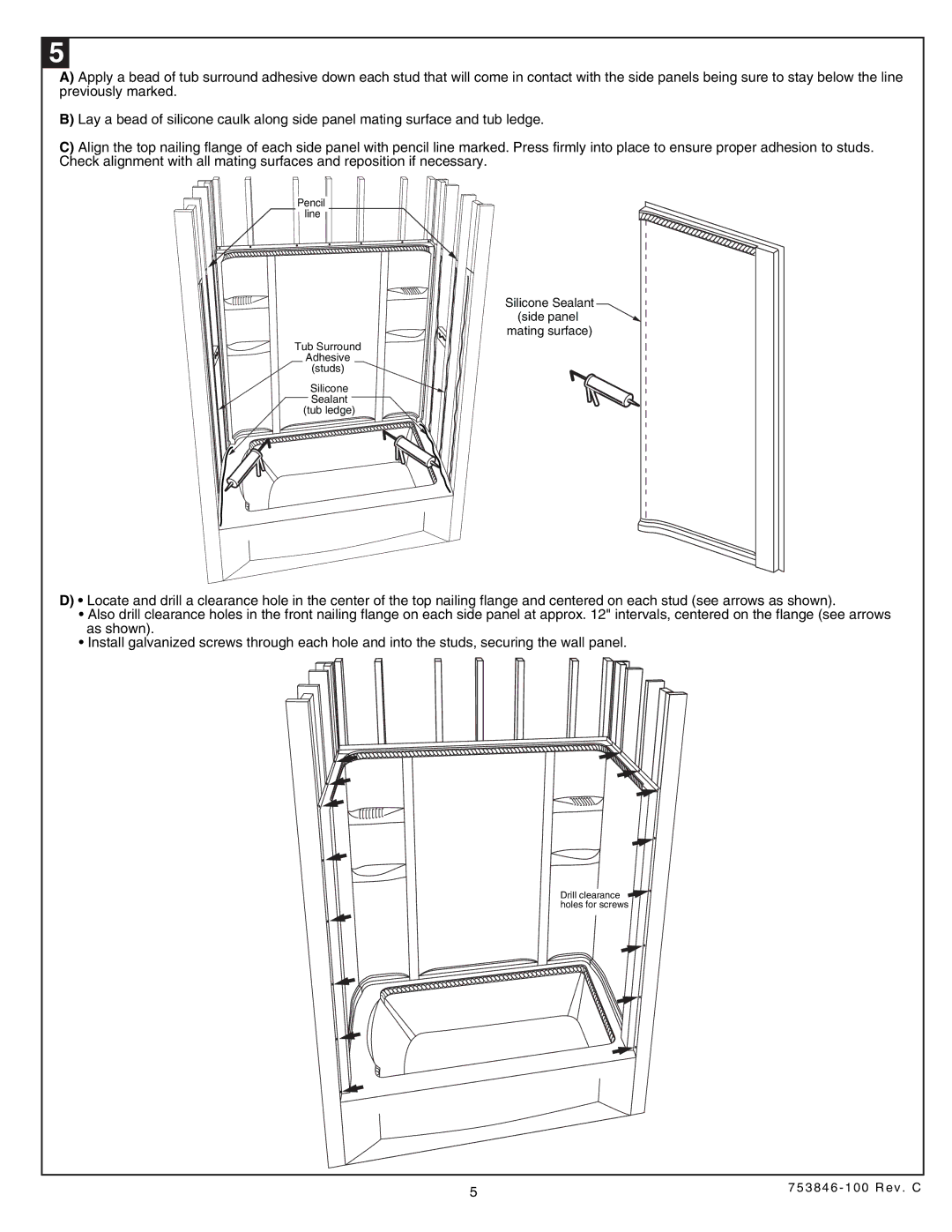 American Standard Rope Twist Bath Walls, 5030.LBW installation instructions Silicone Sealant side panel mating surface 