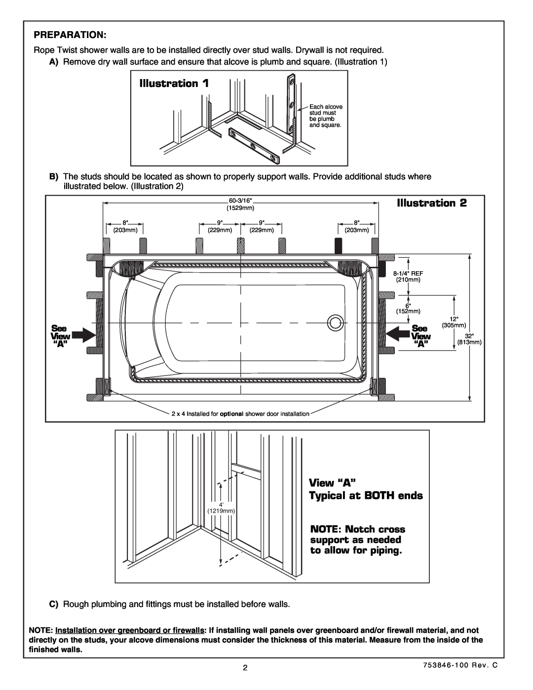 American Standard 5030.LBW, Rope Twist Bath Walls Illustration, View “A” Typical at BOTH ends, Preparation, See View “A” 