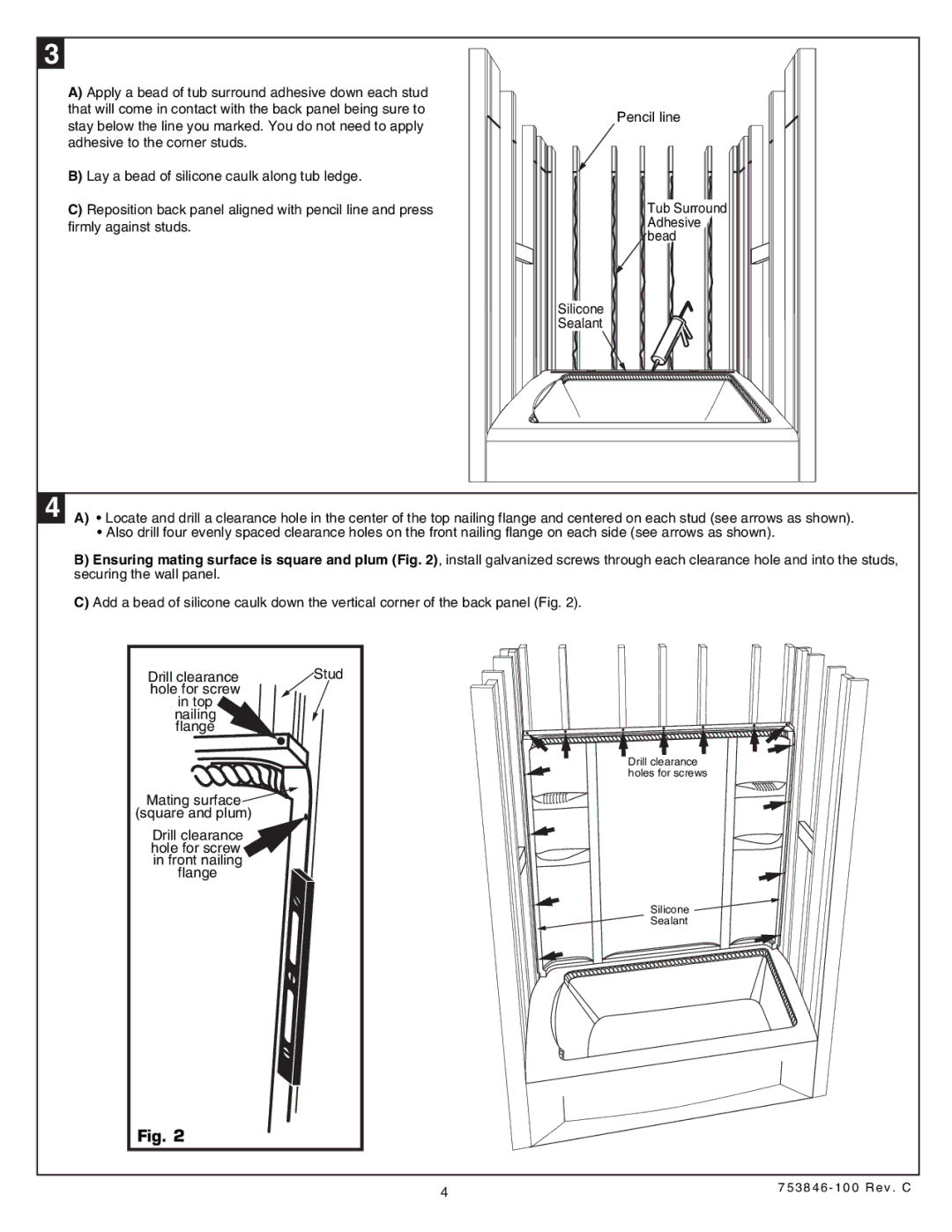 American Standard 5030.LBW installation instructions Tub Surround Adhesive bead 