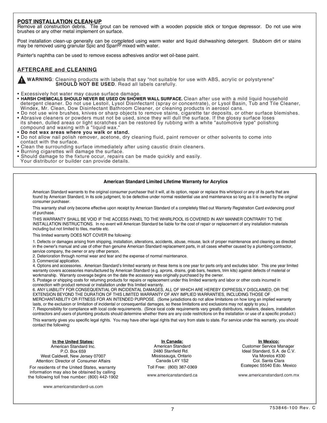 American Standard 5030.LBW installation instructions Post Installation CLEAN-UP, United States 