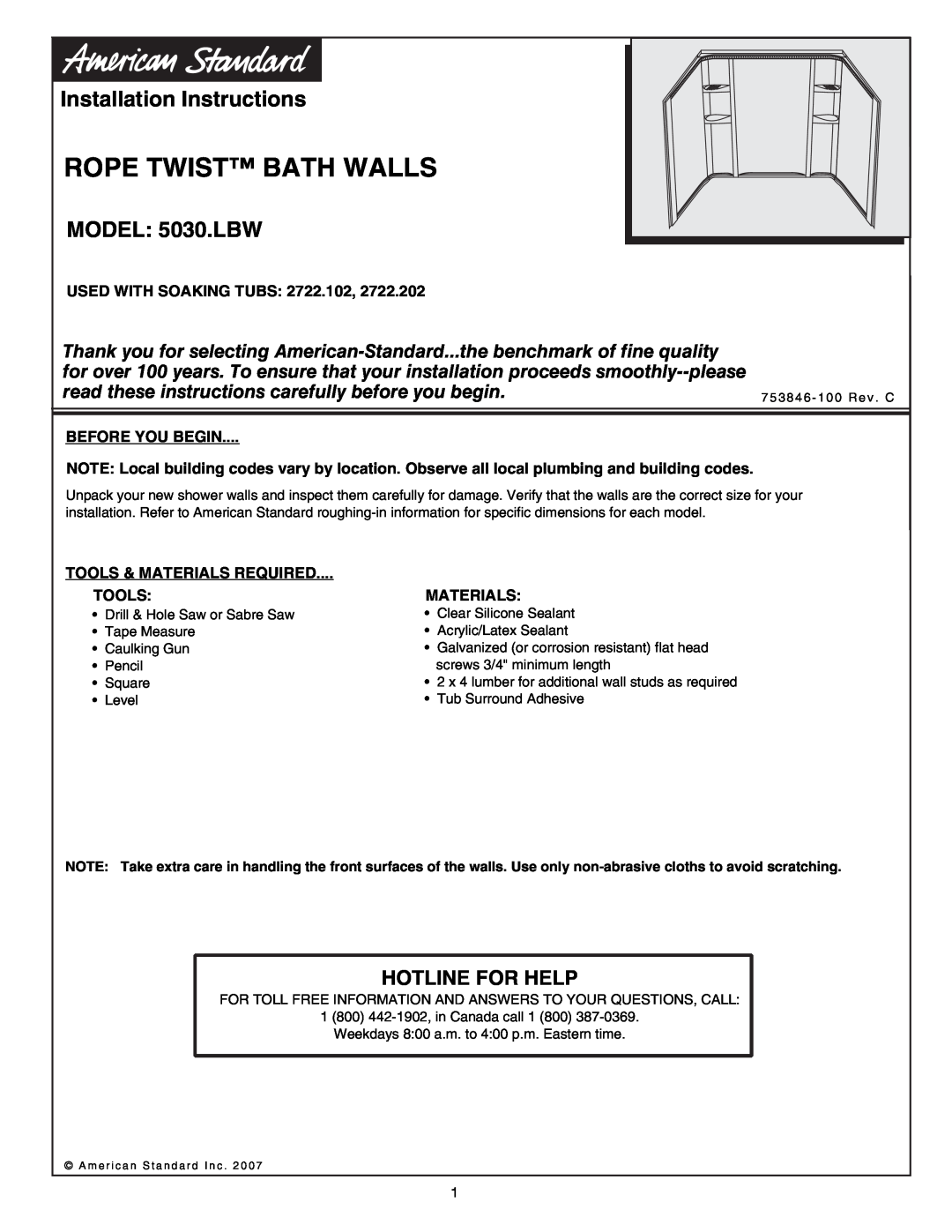 American Standard installation instructions Rope Twist Bath Walls, Installation Instructions, MODEL 5030.LBW 