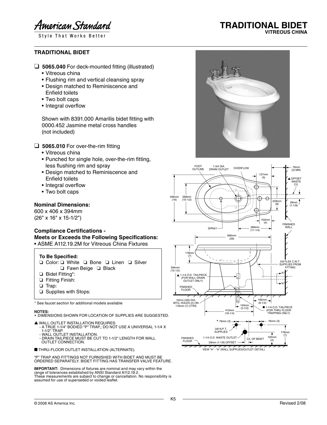 American Standard 5065.040, 5065.010 dimensions Traditional Bidet, Nominal Dimensions, Compliance Certifications 