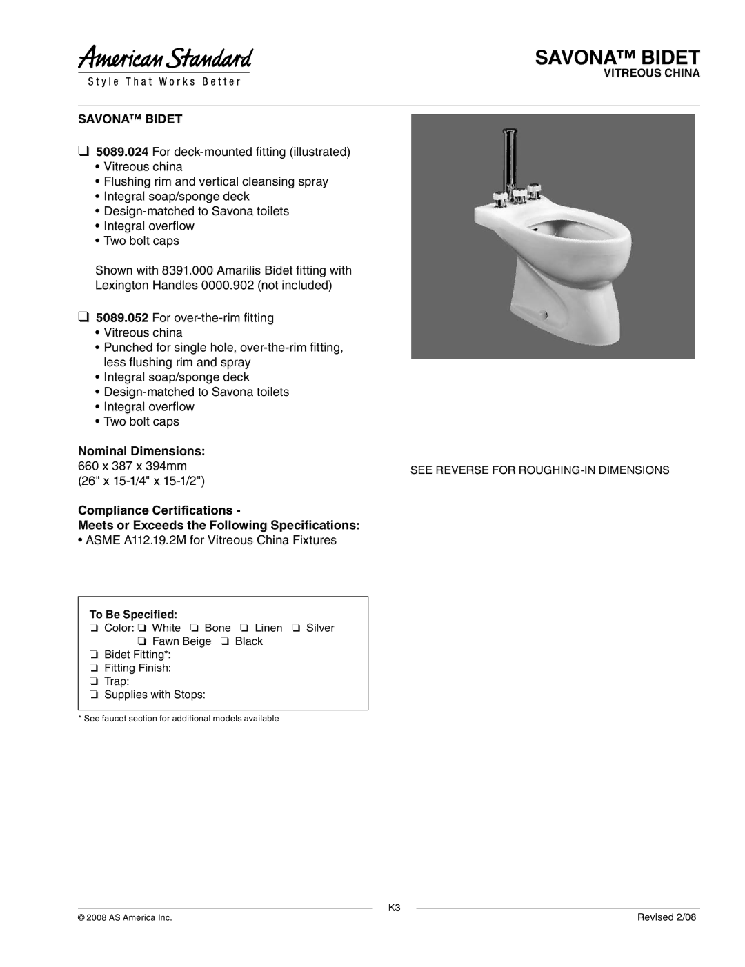 American Standard 5089.024 dimensions Savona Bidet, Nominal Dimensions, Asme A112.19.2M for Vitreous China Fixtures 