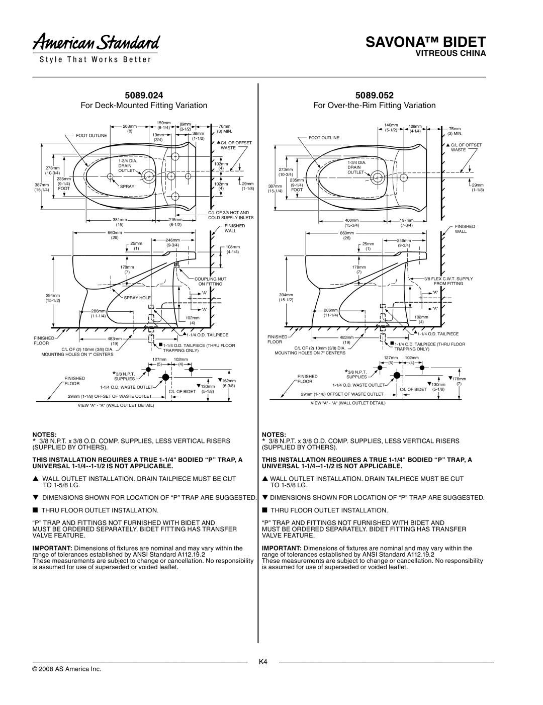 American Standard 5089.052 dimensions 5089.024, For Deck-Mounted Fitting Variation, For Over-the-Rim Fitting Variation 