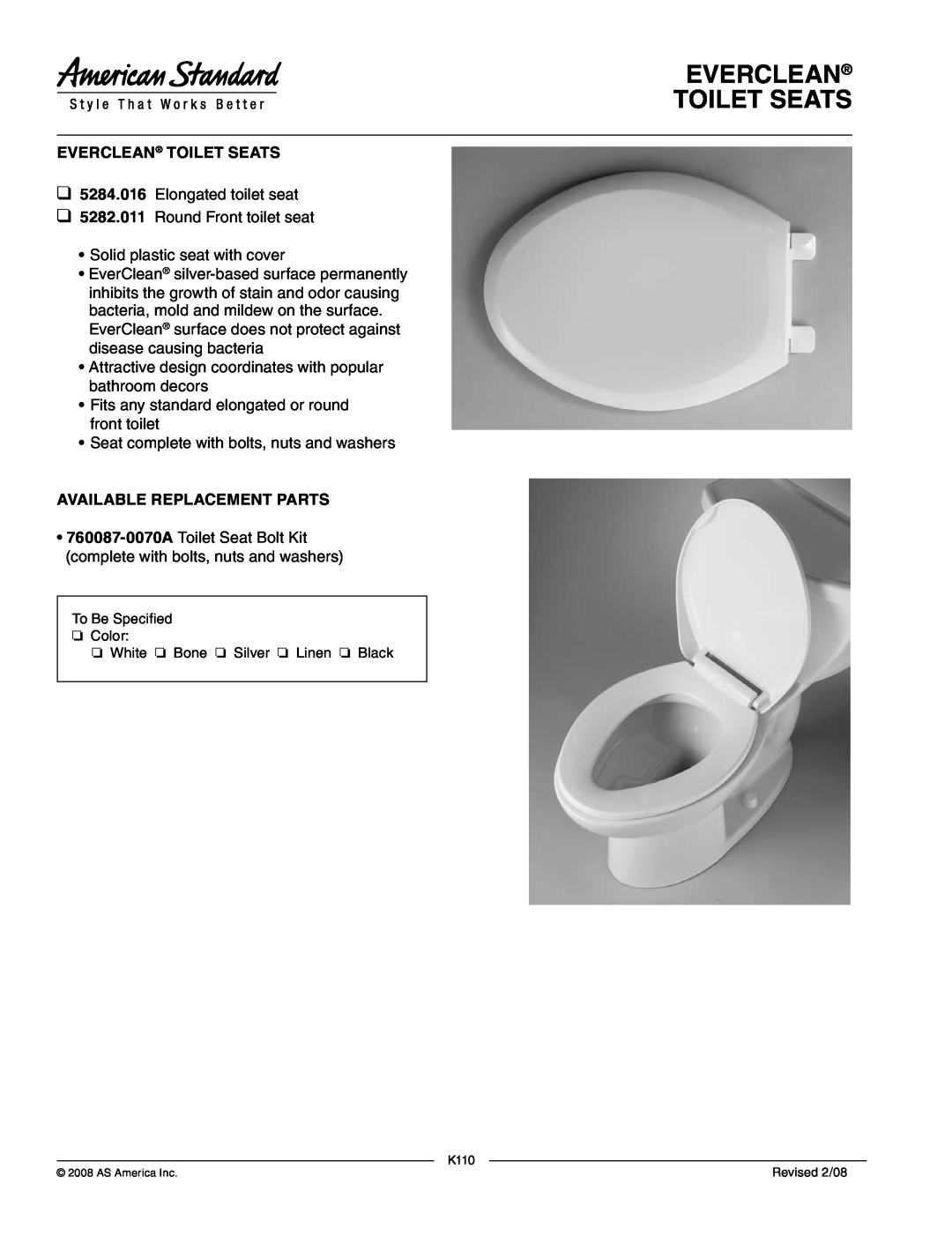 American Standard 5282.011, 5284.016 manual Everclean Toilet Seats, Available Replacement Parts 
