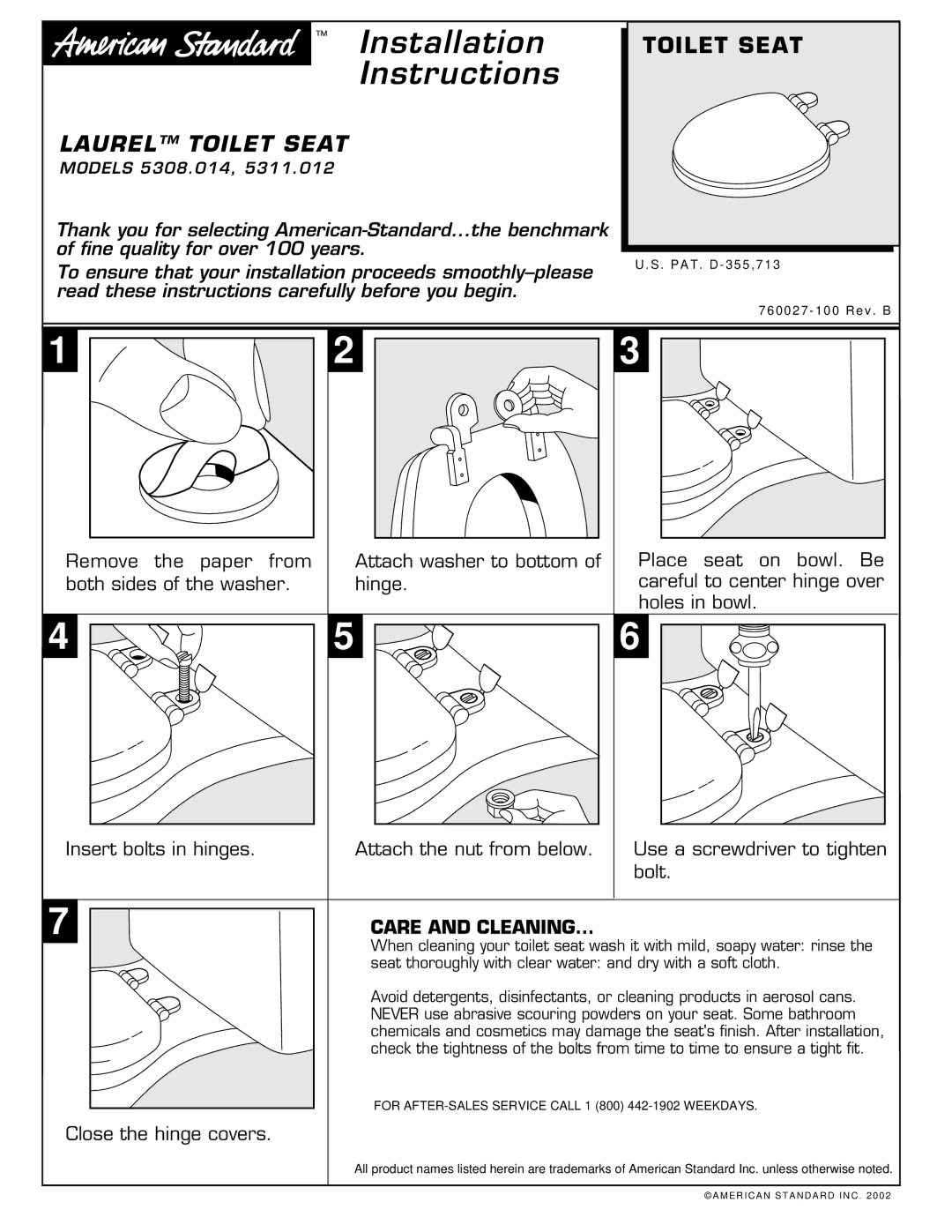 American Standard 5308.014 installation instructions Installation Instructions, Laurel Toilet Seat, Care and Cleaning 