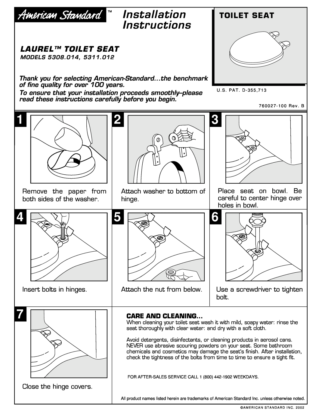 American Standard 5308.014 installation instructions Installation Instructions, Laurel Toilet Seat, Care And Cleaning 