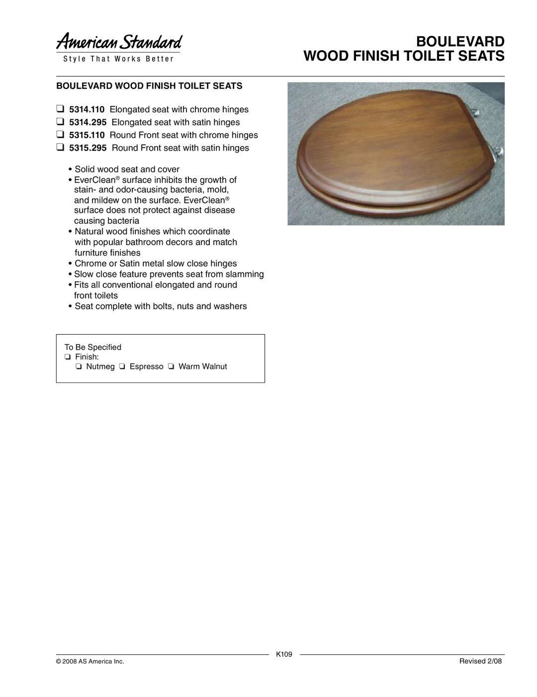 American Standard 5314.110, 5314.295, 5315.295, 5315.110 manual Boulevard Wood Finish Toilet Seats 