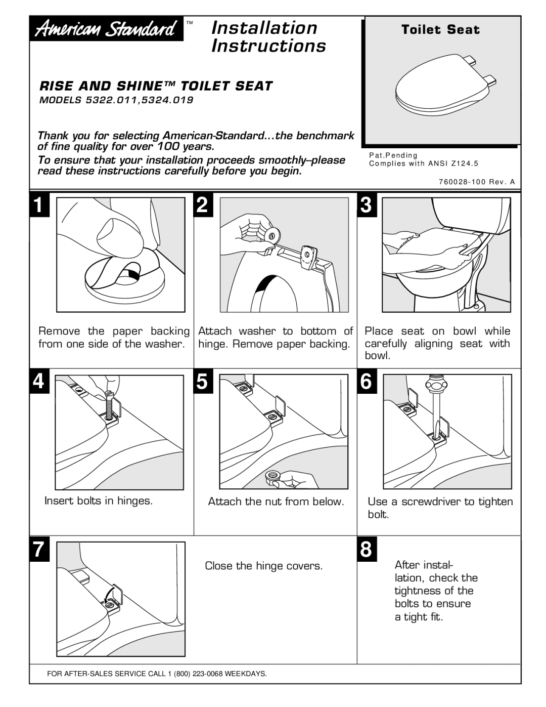 American Standard 5324.019, 5322.011 manual Installation Instructions, Rise and Shine Toilet Seat 