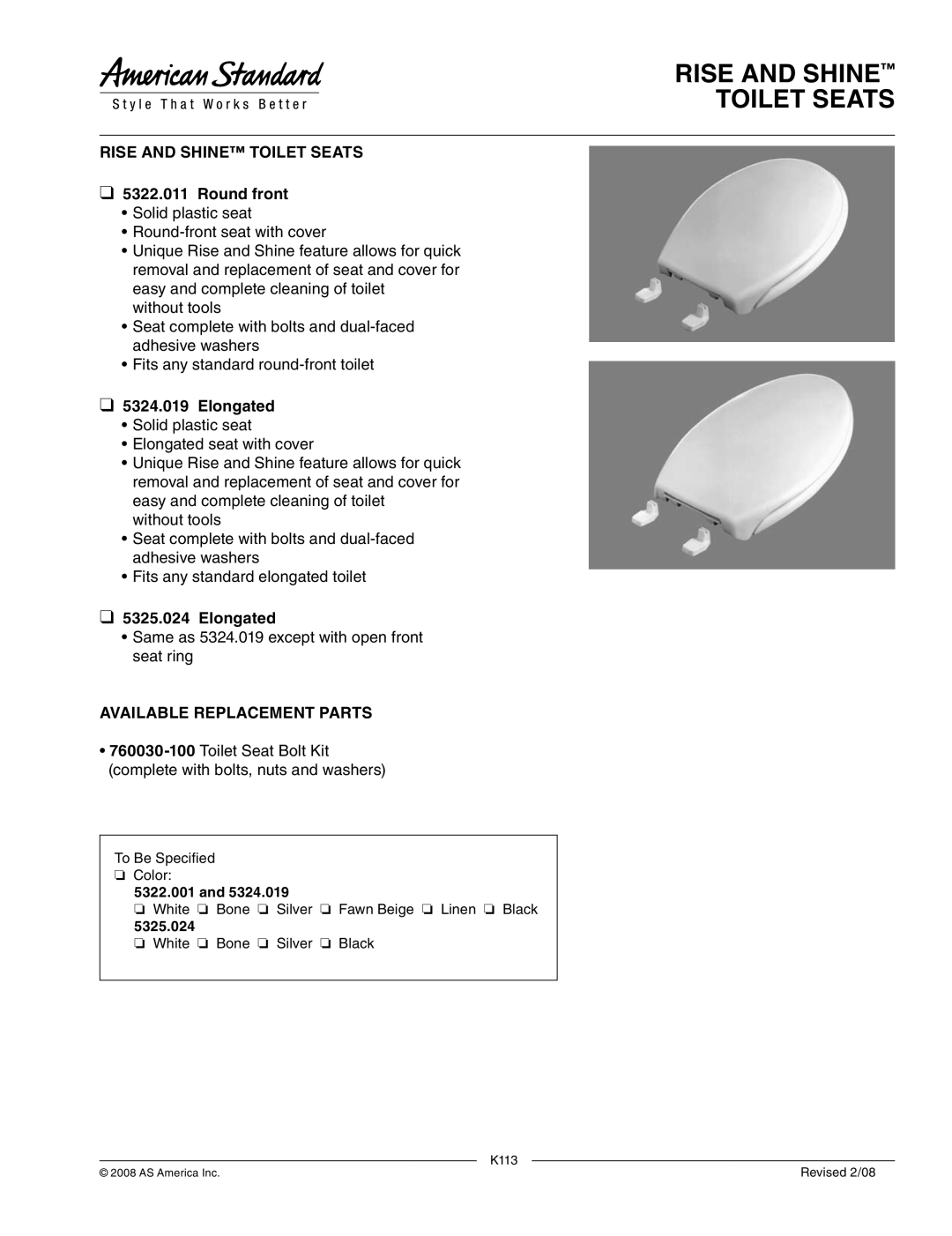 American Standard 5325.024 manual Rise and Shine Toilet Seats, Rise and Shine TOIlet seatS Round front, Elongated 