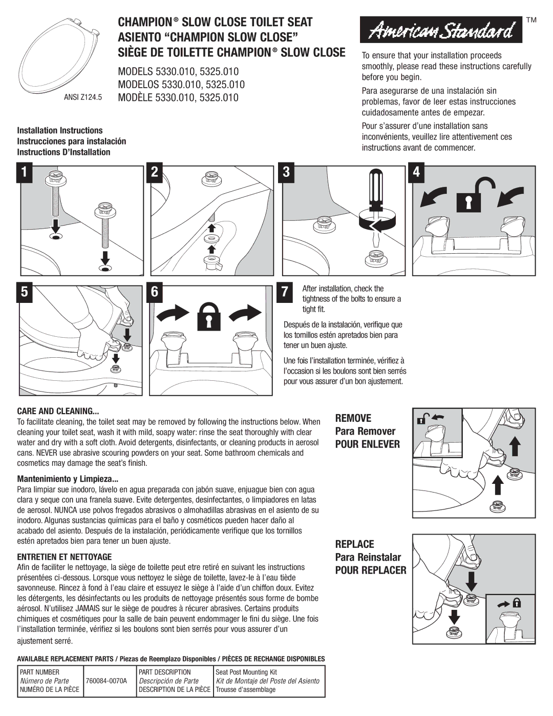 American Standard 5325.010, 5330.010 installation instructions Pour Replacer, Para Remover 