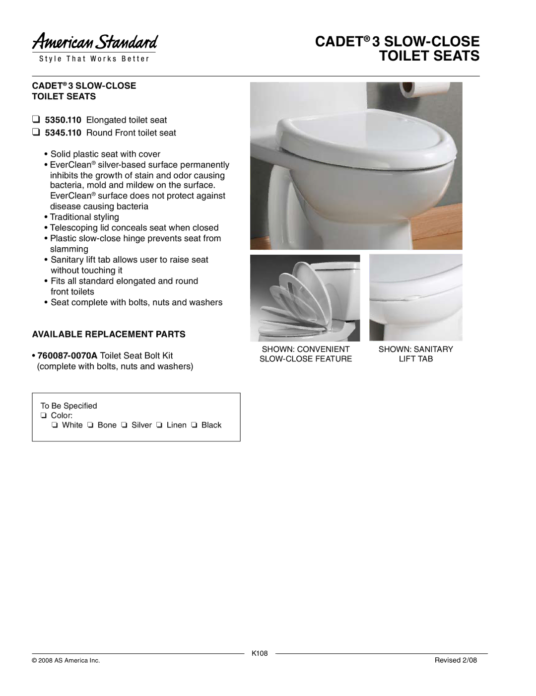 American Standard 5350.110, 5345.110 manual Cadet 3 SLOW-CLOSE Toilet Seats, Available Replacement Parts 